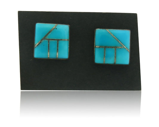 Navajo Earrings 925 Silver Natural Turquoise Artist Signed SM C.80's