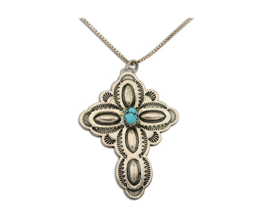 Navajo Cross Hand Stamped Necklace 925 Silver Natural Turquoise Artist JRS C.80s