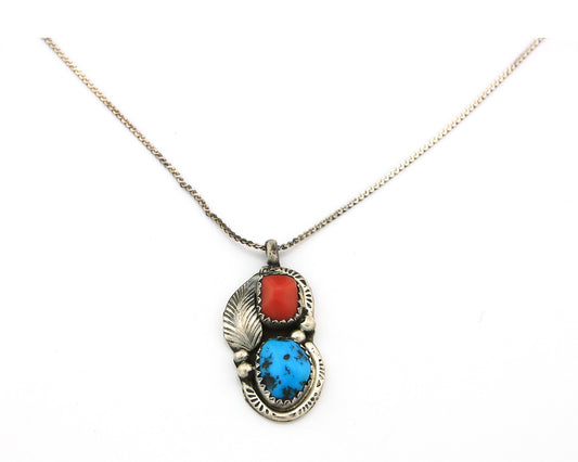 Navajo Necklace Sterling Silver Turquoise Coral Authentic Vintage Native Artist