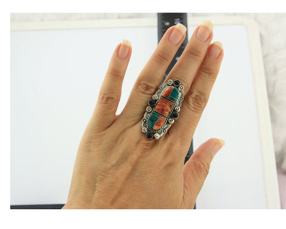 Navajo Tiwa Ring Sterling Silver Gemstone Vintage Signed Francis Size 6.0