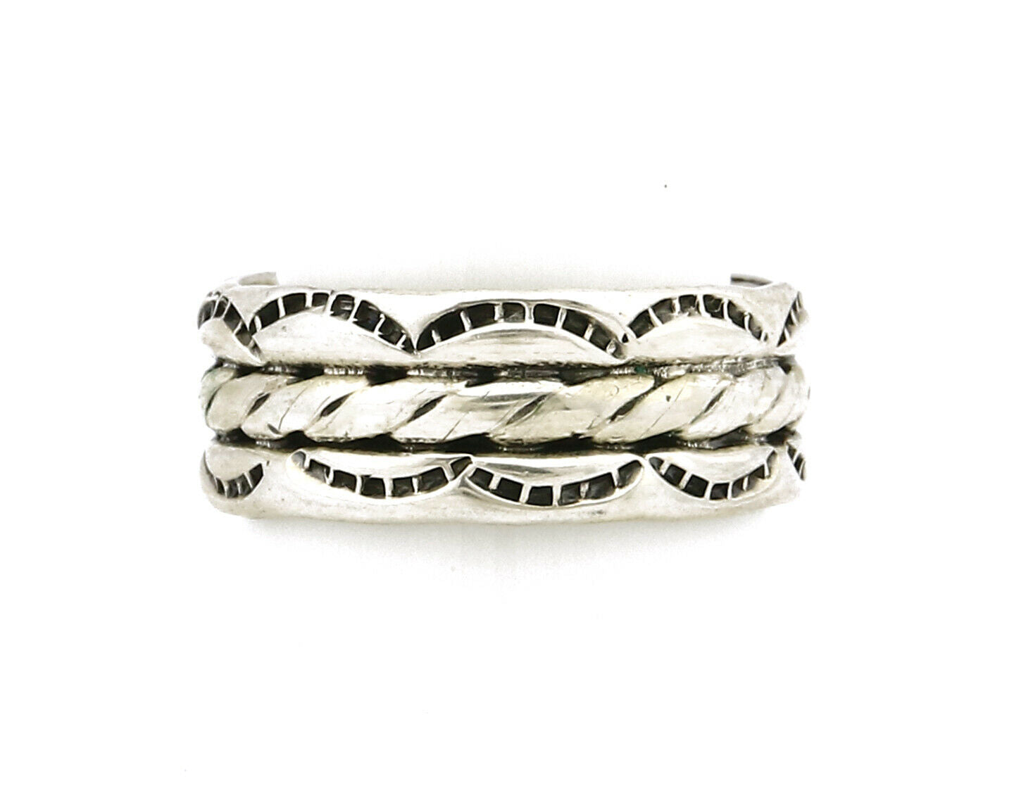Navajo Ring .925 Silver Handmade Hand Stamped 3 Row Rope Band C.1980s Size 10.75