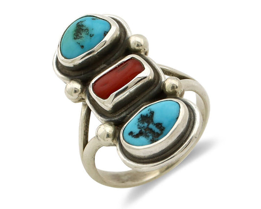 Navajo Ring 925 Silver Sleeping B Turquoise & Coral Native American Artist C.80s