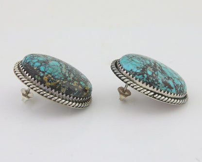 Navajo Earrings 925 Silver Blue Diamond Turquoise Signed Running Bear C.80's