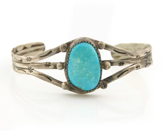 Navajo Bracelet Sterling Silver Turquoise Hand Stamped Native American Artist