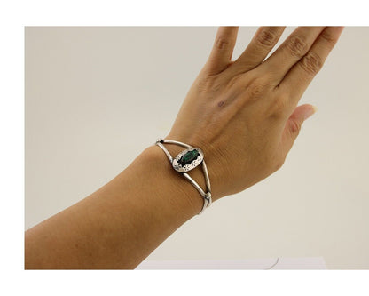 Navajo Hand Stamped Cuff Bracelet Malachite 925 Silver Artist Signed IJC C.80's