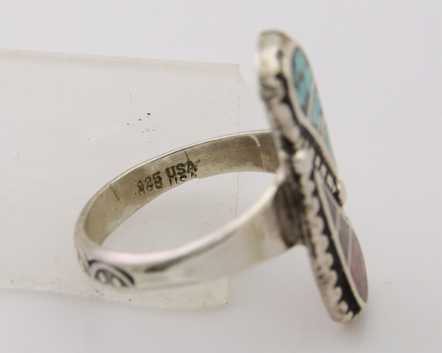 Navajo Ring 925 Silver Chip Inlay Turquoise & Coral Native Artist C.80's