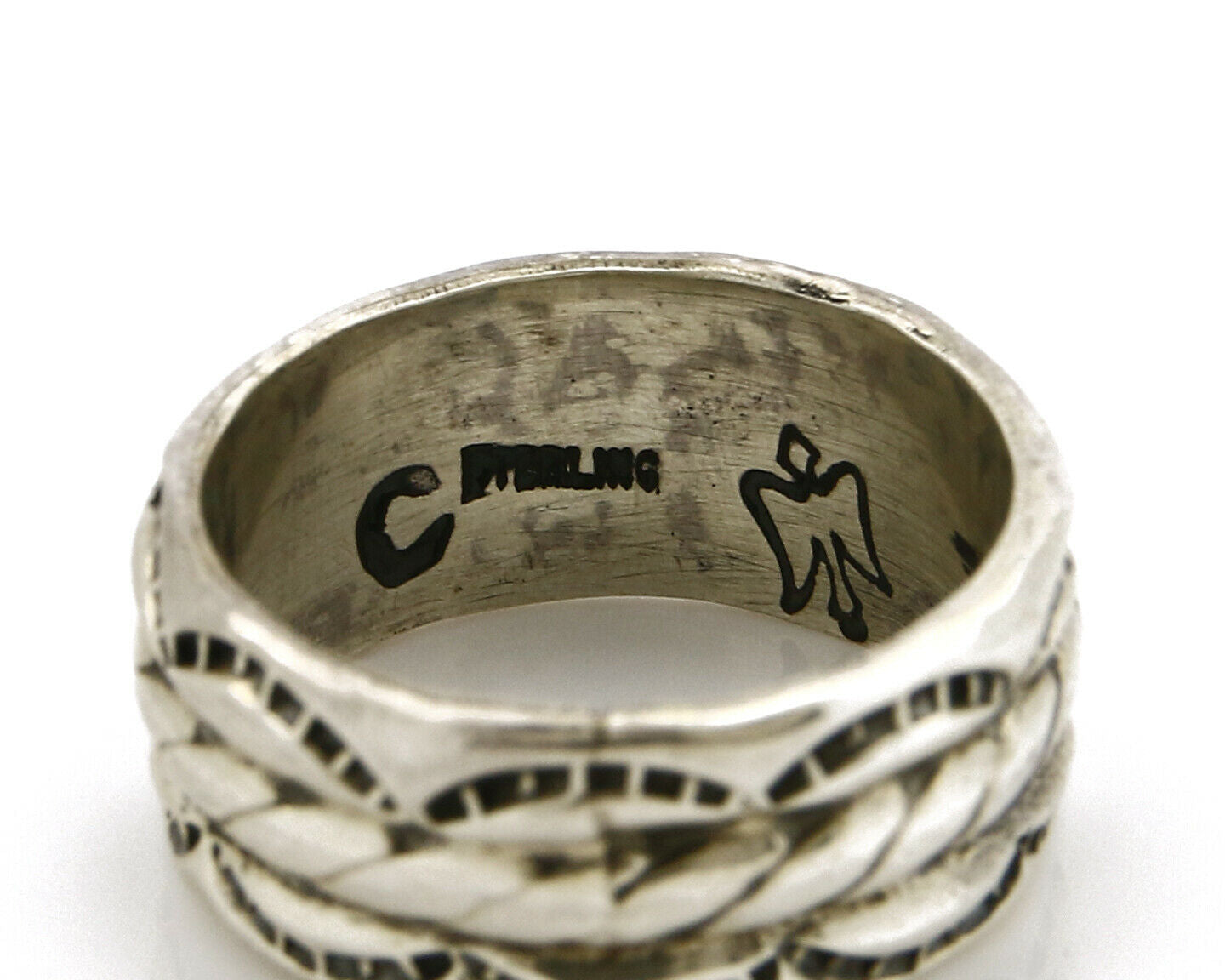 Navajo Ring .925 Silver Handmade Hand Stamped 3 Row Rope Band C.1980's Size 7.25
