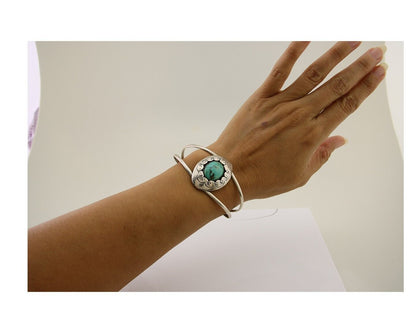 Navajo Hand Stamped Cuff Bracelet Turquoise 925 Silver Native American Artist