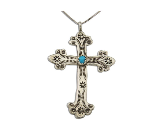 Navajo Cross Hand Stamped Necklace 925 Silver Turquoise Native Artist C.80's