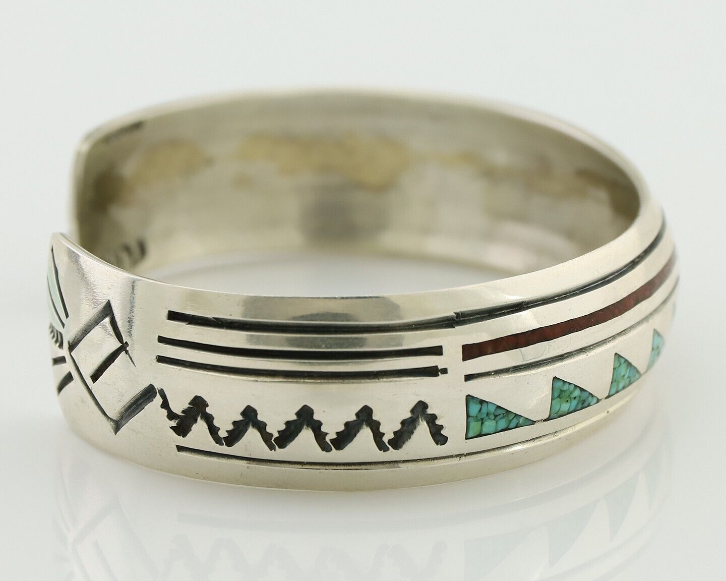 Navajo Inlay Bracelet 925 Silver Turquoise & Coral Signed Stanely Bain C.80's