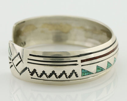 Navajo Inlay Bracelet 925 Silver Turquoise & Coral Signed Stanely Bain C.80's