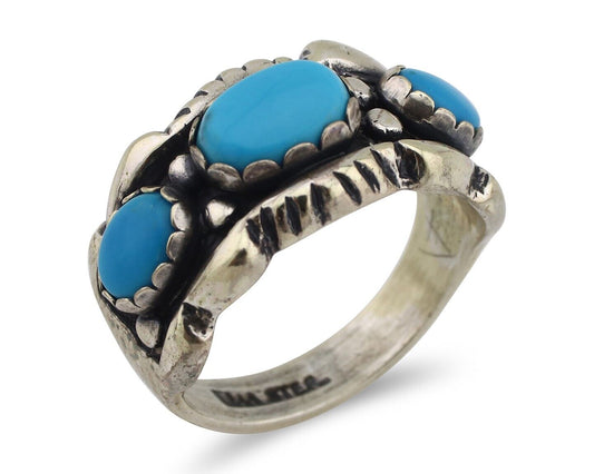 Navajo Ring 925 Silver Sleeping Beauty Turquoise Artist Signed MM C.80's