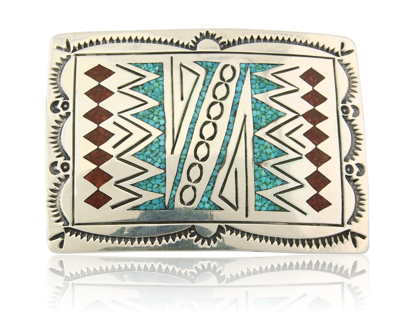 Navajo Belt Buckle 925 Sterling Silver Turquoise Coral Signed Stanley Bains C80s