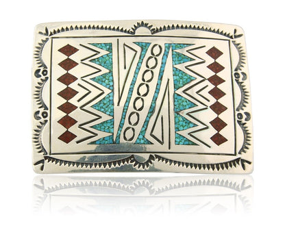 Navajo Belt Buckle 925 Sterling Silver Turquoise Coral Signed Stanley Bains C80s