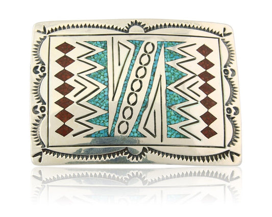 Navajo Belt Buckle 925 Sterling Silver Turquoise Coral Signed Stanley Bains C80s