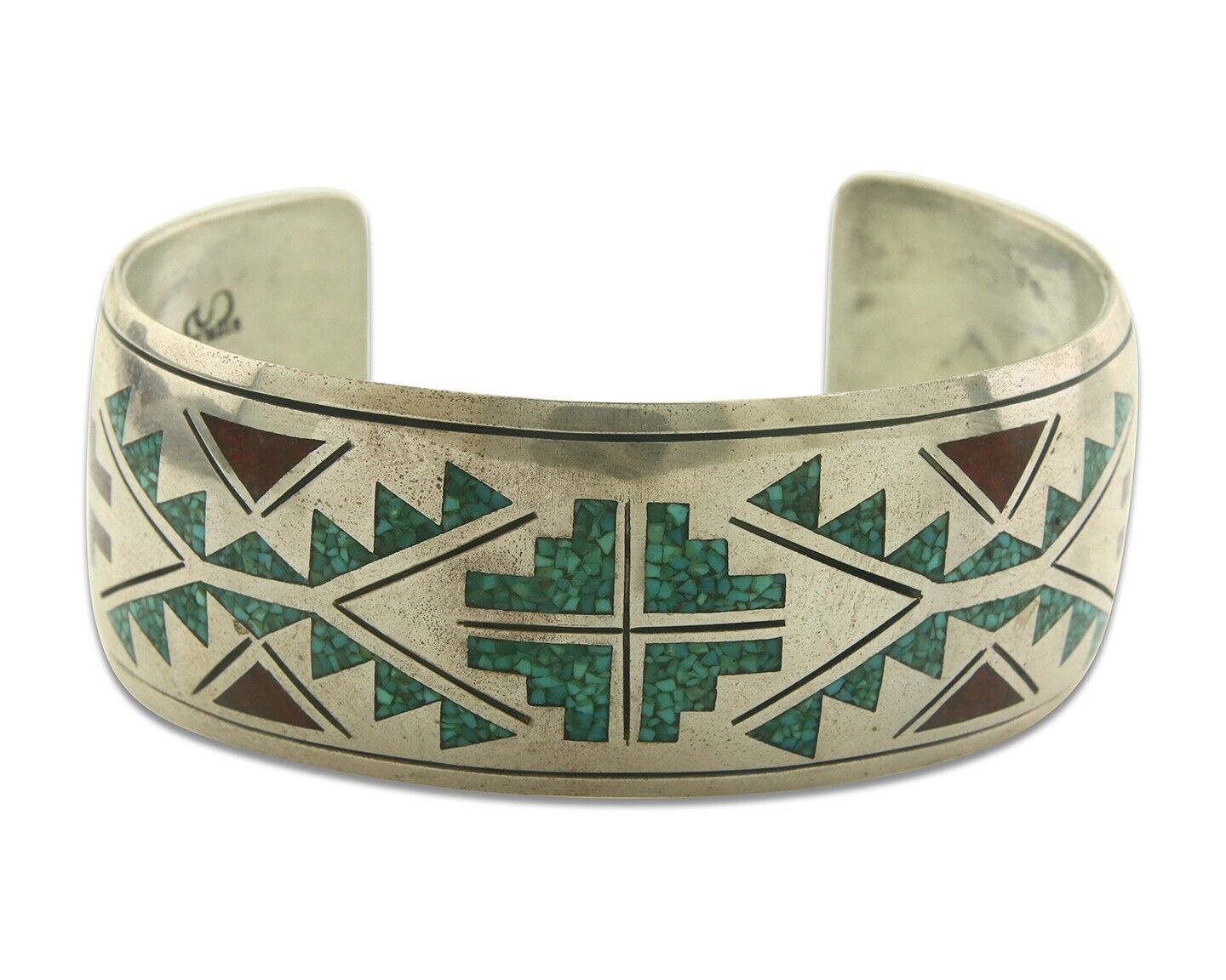 Navajo Bracelet 925 Silver Inlaid Turquoise Coral Artist Signed Stanley Bain C80