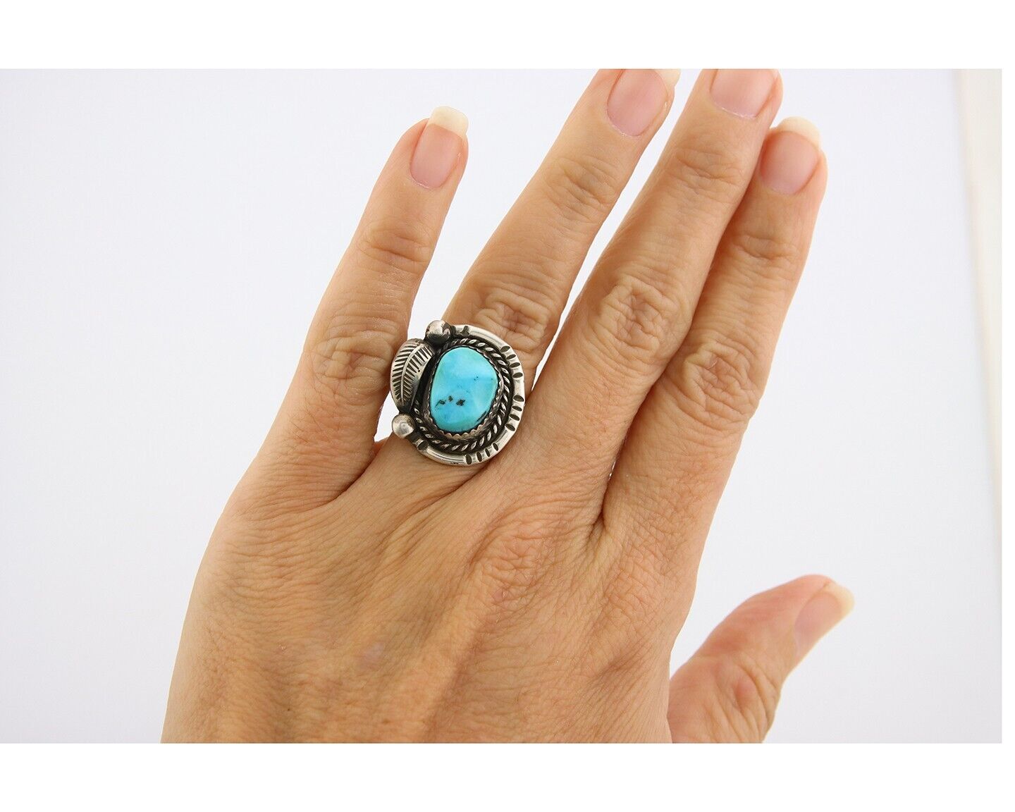 Navajo Ring 925 Sterling Natural Blue Turquoise Native Artist C.80's Size 5.0