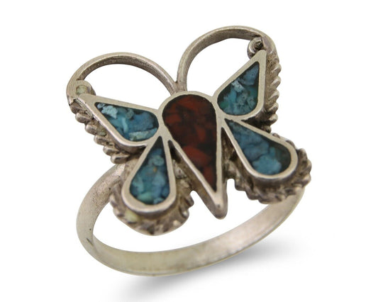 Navajo Handmade Butterfly Ring 925 Silver Coral & Turquoise Native Artist C.80's