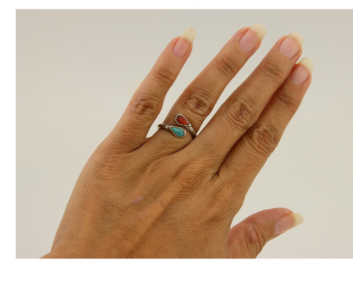 Navajo Handmade Ring 925 Silver Turquoise & Coral Native Artist C.80's