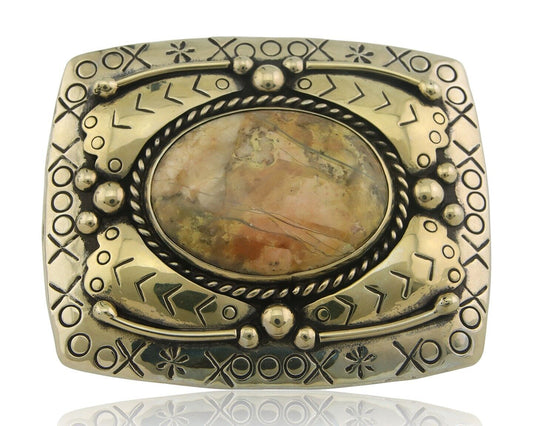 Navajo Belt Buckle .999 Nickel Agate Native Artist Handmade 2.5 x 3.0 in C.80s