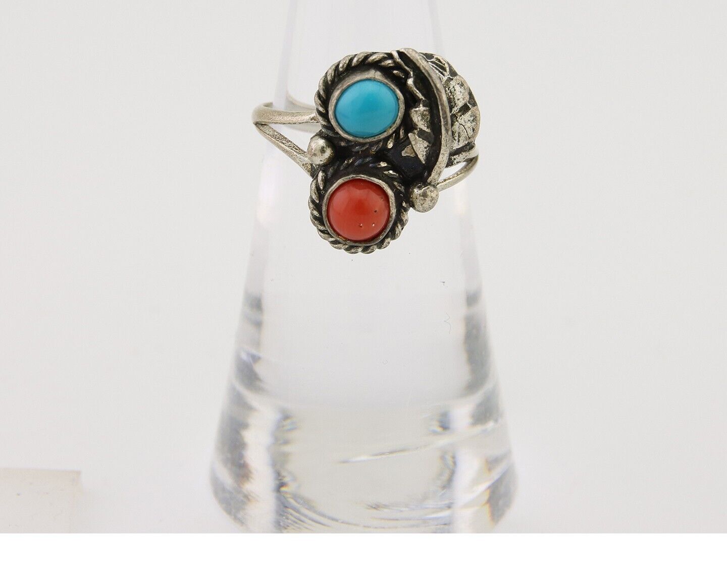 Navajo Handmade Ring 925 Silver Coral & Turquoise Native Artist C.80's
