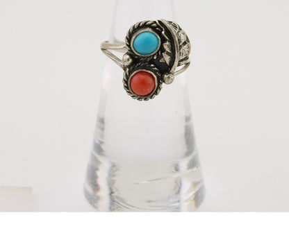 Navajo Handmade Ring 925 Silver Coral & Turquoise Native Artist C.80's