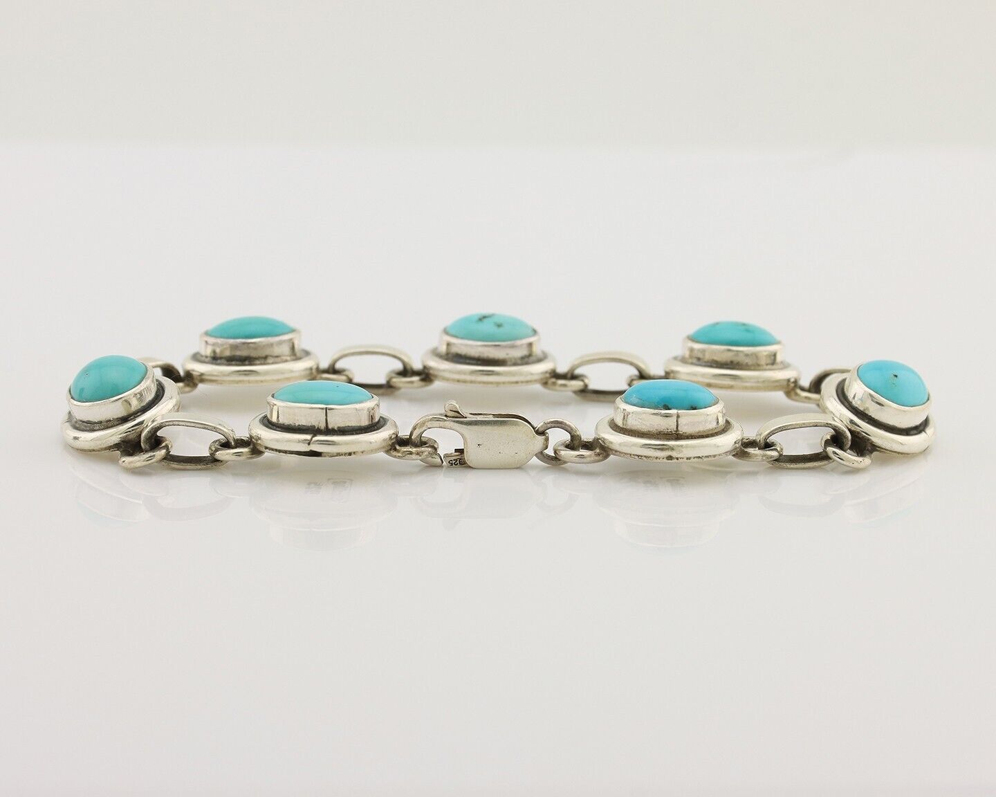 Navajo Link Bracelet 925 Silver Kingman Turquoise Native American Artist C.80's
