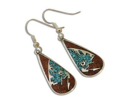 Navajo Kokopelli Earrings 999 Nickel Chip Inlay Turquoise Coral Native American