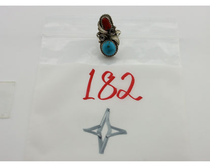 Navajo Ring 925 Silver Blue Turquiose & Coral Artist Signed Justin Morris C.80's