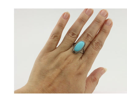 Navajo Ring .925 Silver Natural Blue Turquoise Native American Signed C.80's