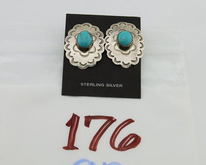 Navajo Hand Stamped Earrings 925 Silver Natural Turquoise Native Artist C.80's