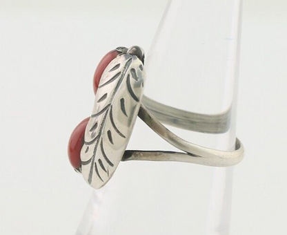 Navajo Handmade Ring 925 Silver Natural Mediterranean Coral Signed 88 C.80's