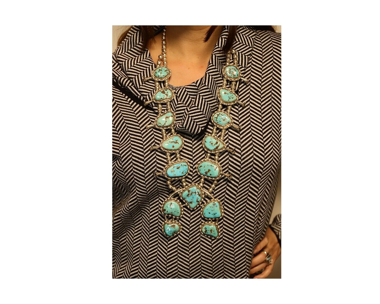 HUGE Navajo Squash Necklace 925 Silver Bisbee Turquoise Signed BY-OG C.80's