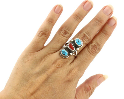 Navajo Ring 925 Silver Sleeping B Turquoise & Coral Native American Artist C.80s