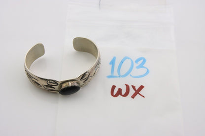 Navajo Bracelet 925 Silver Natural Onyx Cuff Artist Signed HRM C.80's