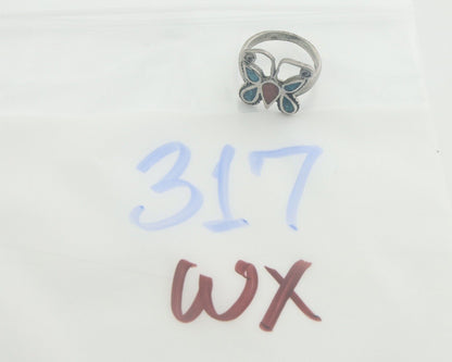 Navajo Ring 925 Silver Inlaid Butterfly Turquoise & Coral C.80's Size 5.5