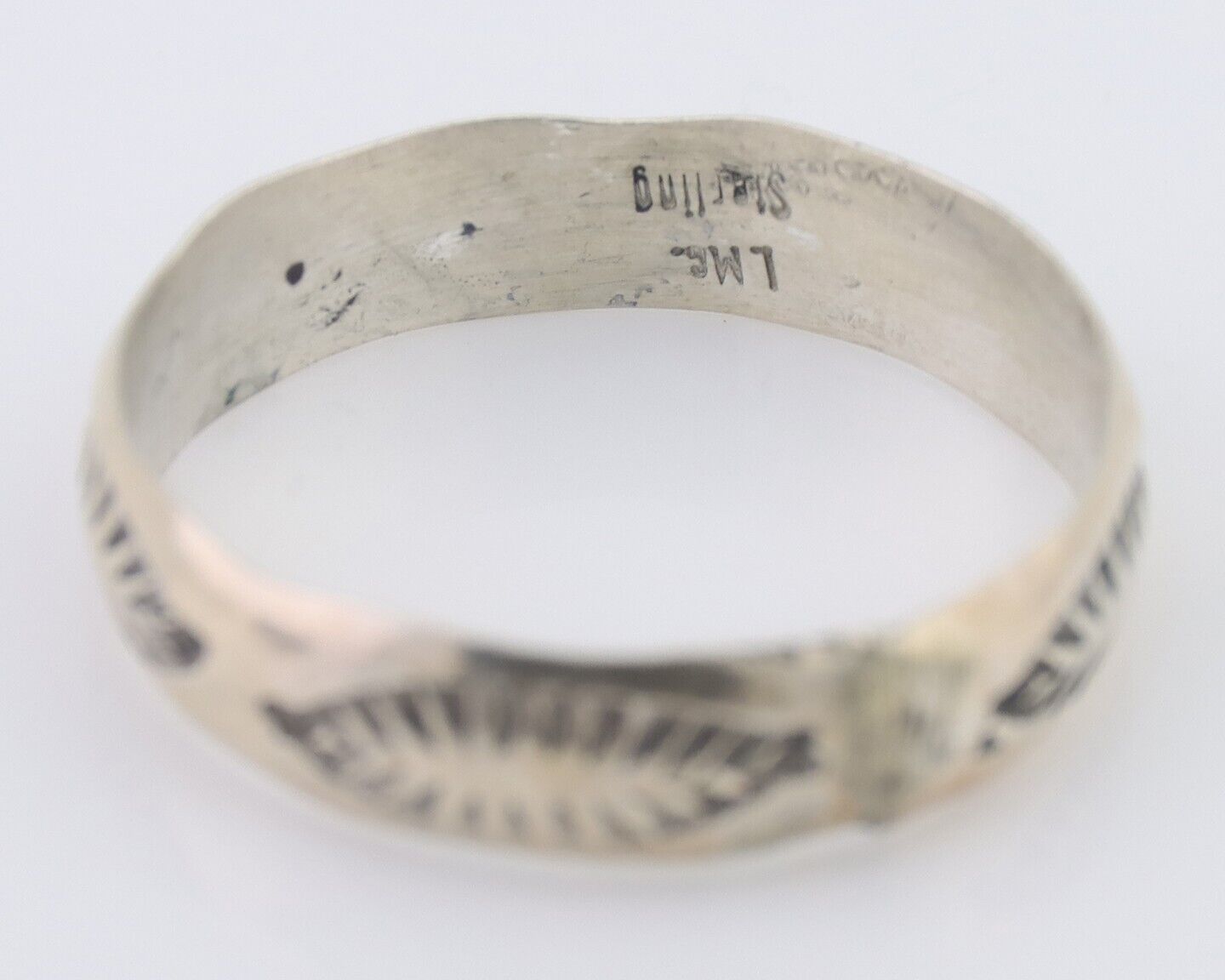 Navajo Hand Stamped Band 925 Silver 5.0 mm Signed Larry Chavez Size 8.5 C.80's