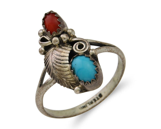 Navajo Handmade Ring 925 Silver Turquoise & Coral Native Artist C.80's