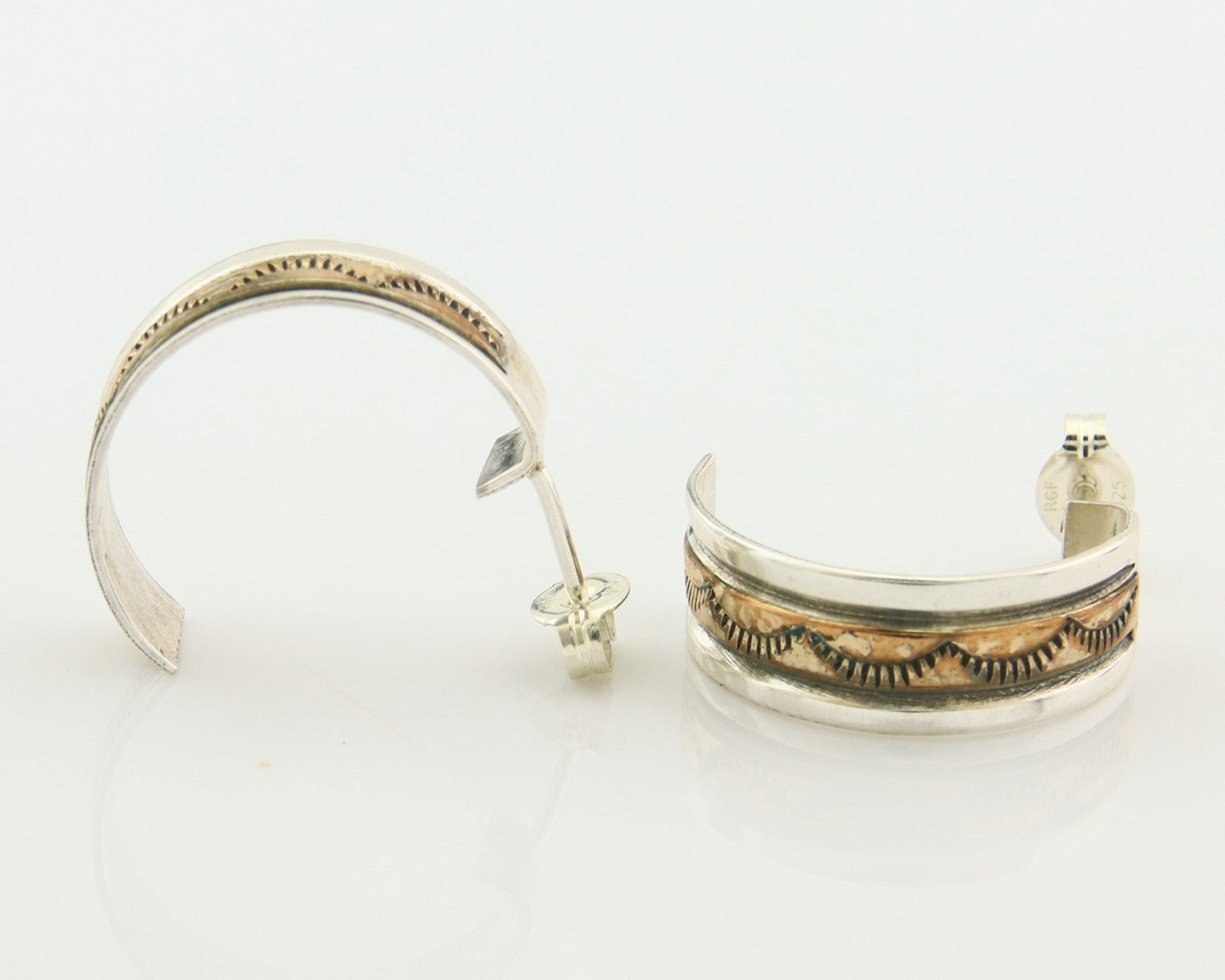 Navajo Hoop Earrings Sterling Silver & Gold Vintage Handmade Signed E