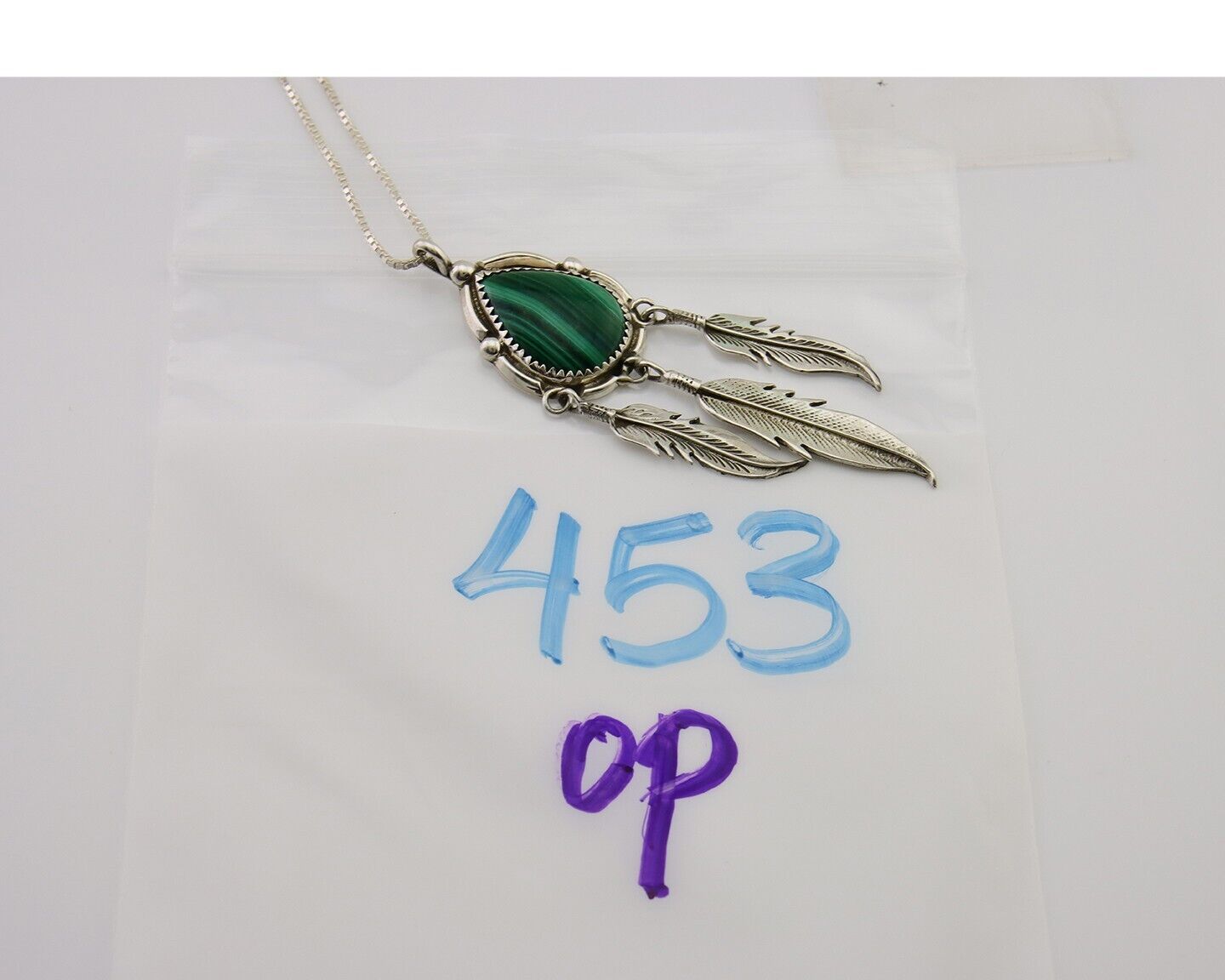 Large Navajo Pendant 925 Silver Natural Malachite Native American Artist C.80's