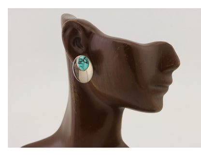 Navajo Shield Earrings 925 Silver Natural Malachite Signed Ella Peters C.80's