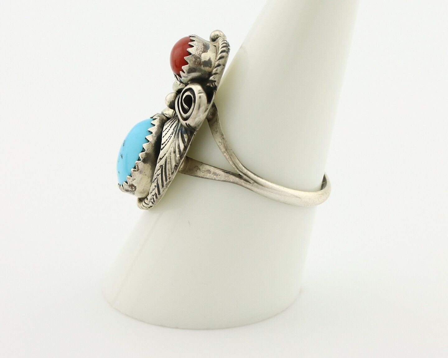 Navajo Ring 925 Silver Blue Turquiose & Coral Artist Signed Justin Morris C.80's