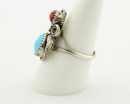 Navajo Ring 925 Silver Blue Turquiose & Coral Artist Signed Justin Morris C.80's