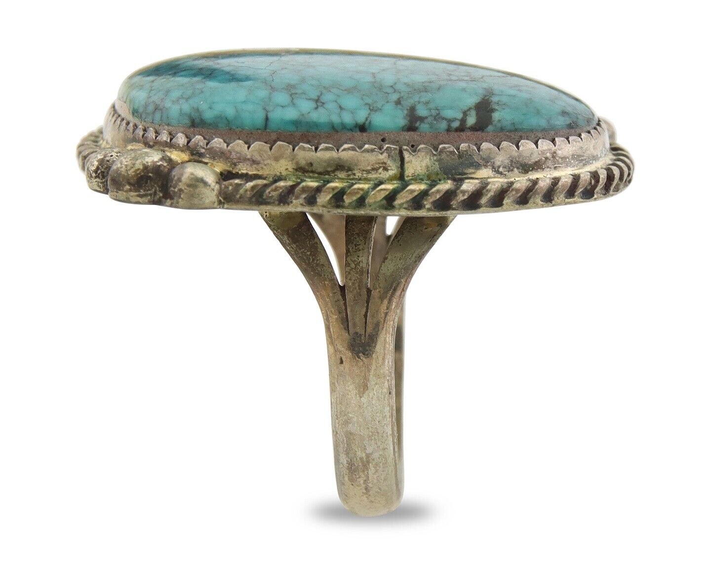 Navajo Ring 925 Sterling Spiderweb Blue Turquoise Native Artist C.80's Size 8.25