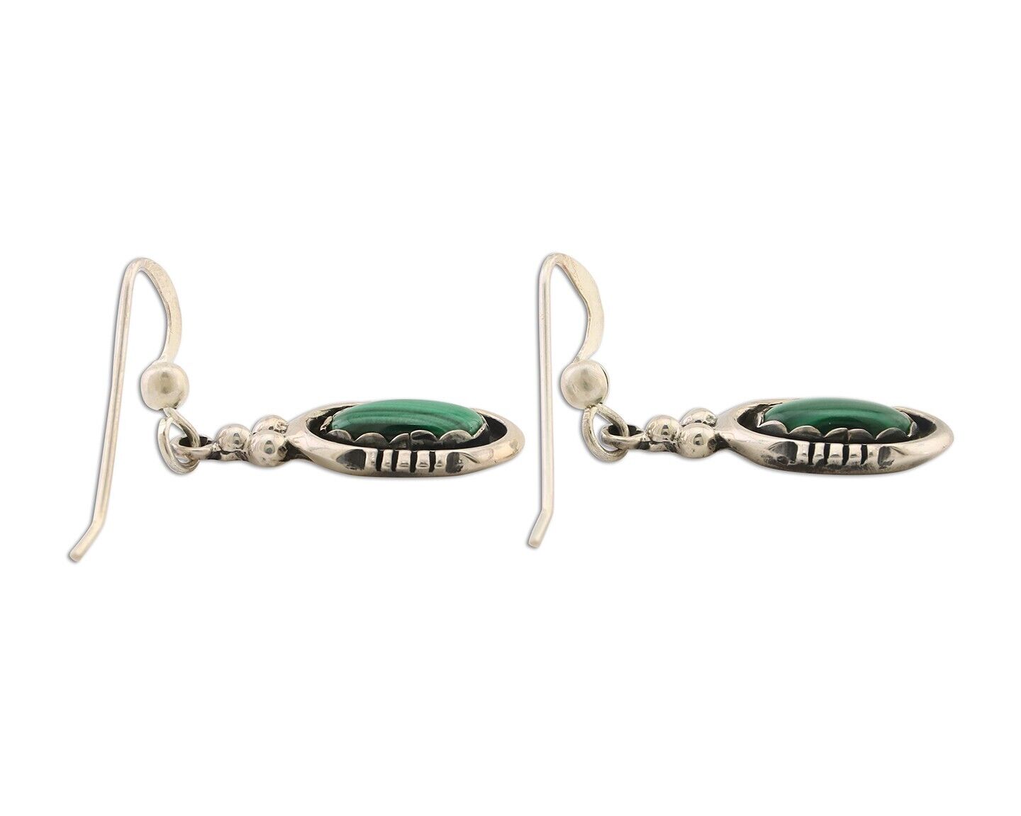Navajo Dangle Earrings 925 Silver Natural Malachite Native American Artist C.80s