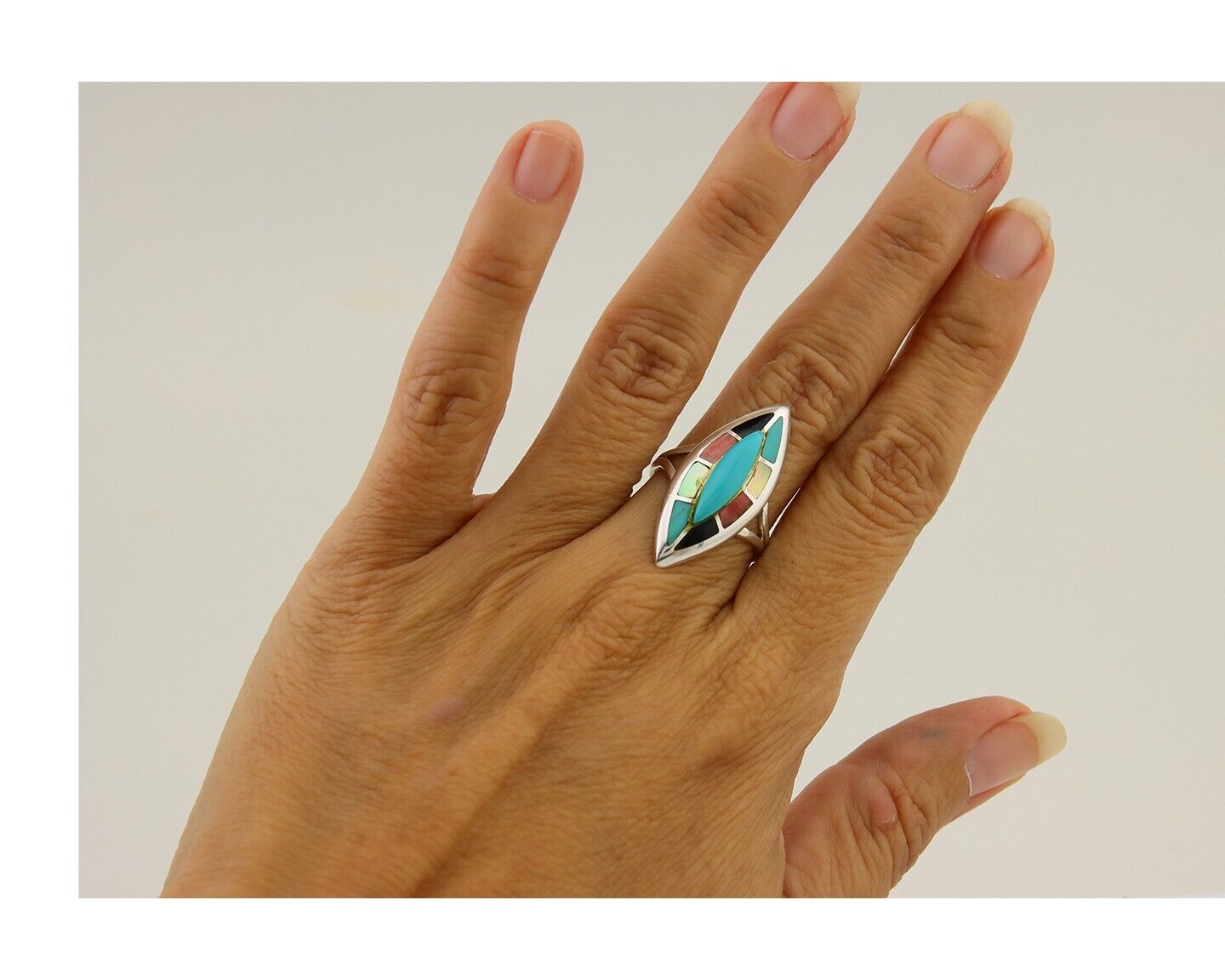 Navajo Ring 925 Silver Turquoise Shell Onyx Spiney Oyster Native Artist C80's