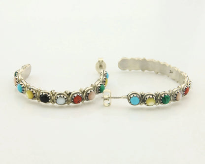 Navajo Hoop Earrings Sterling Silver Natural Gemstones Vintage Signed MCA
