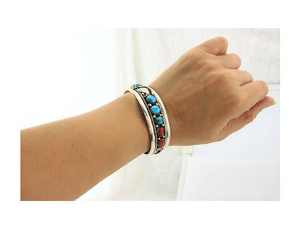 Navajo Cuff Bracelet Sterling Silver Turquoise & Coral Signed Randy Endito
