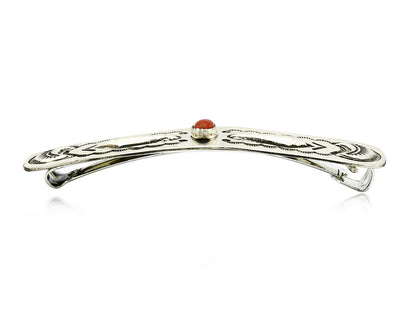 Navajo Real Red Coral 925 SOLID SILVER Hand Stamped 12mm Wide Barrette Hair Clip