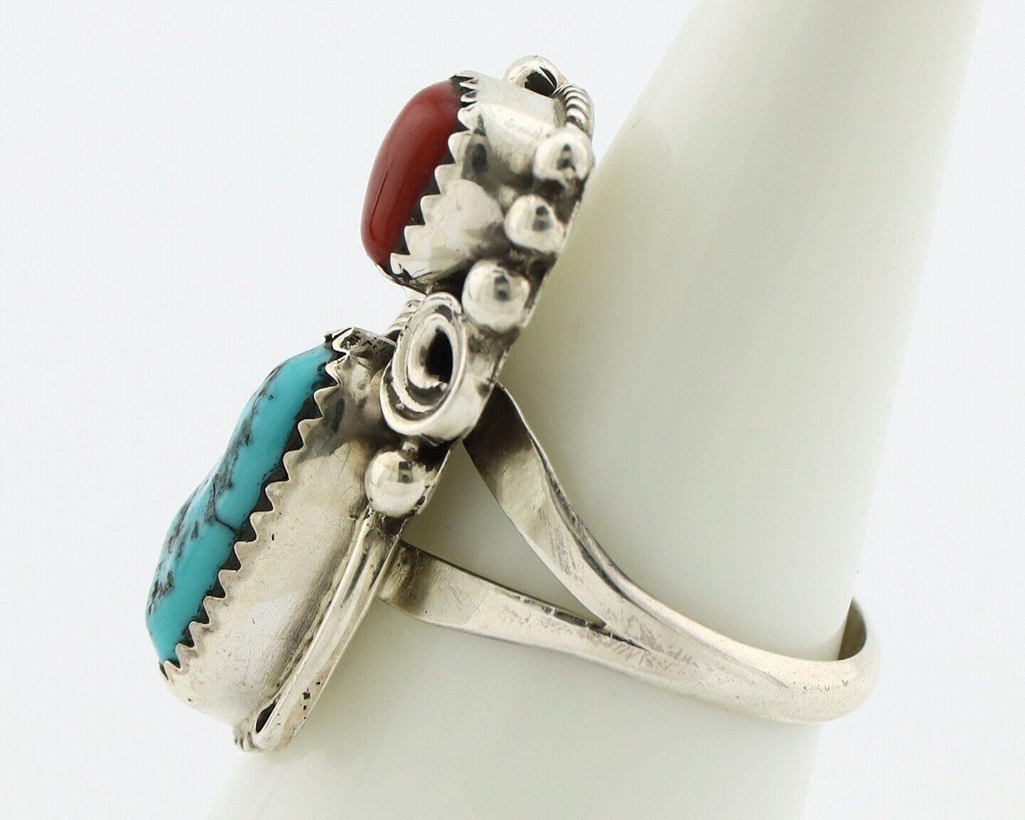 Navajo Ring .925 Silver Turquoise & Coral Artist Signed Justin Morris C.80's